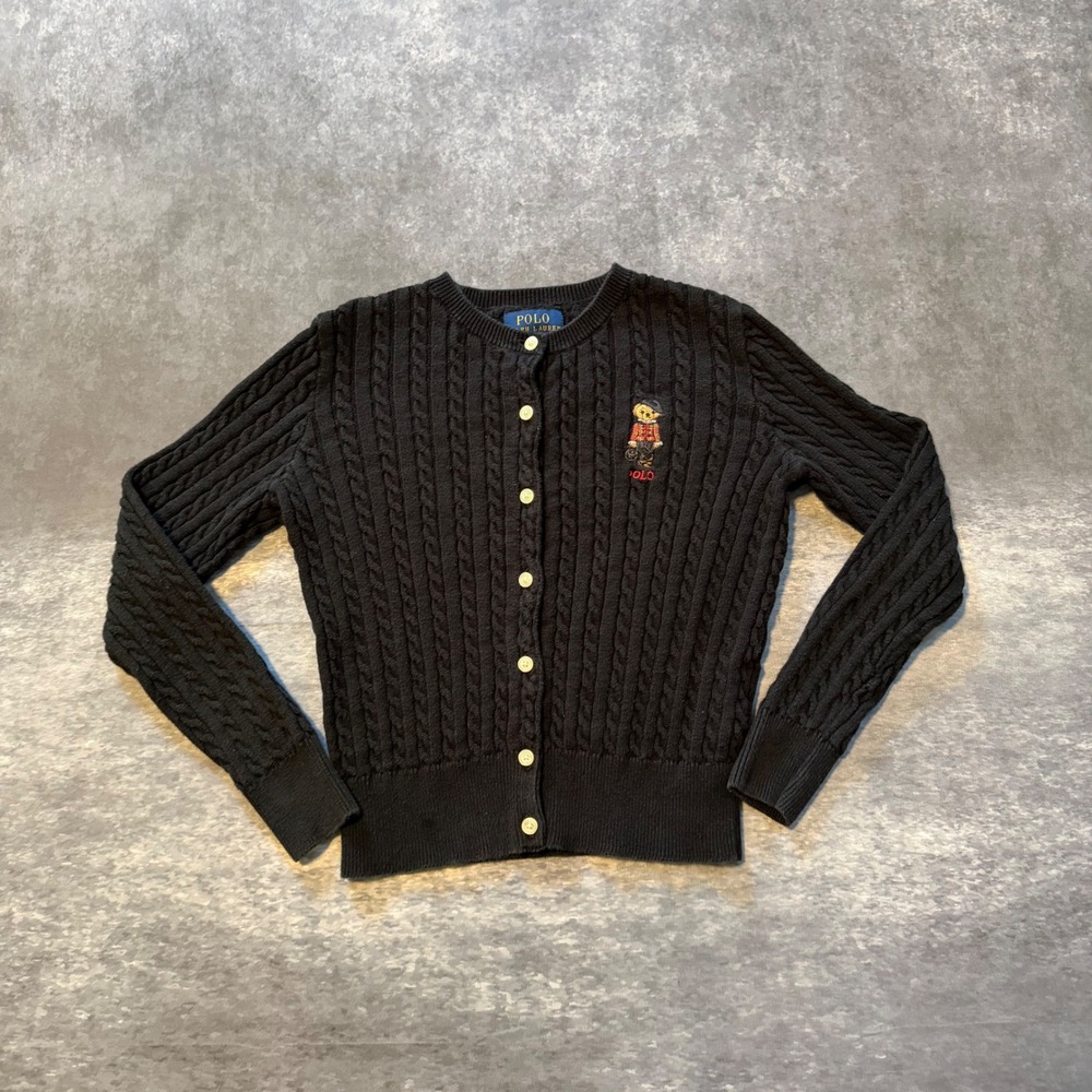 Polo Ralph Lauren Girls Polo Bear Cable Knit Cardigan Sweater Black Size 5 XS